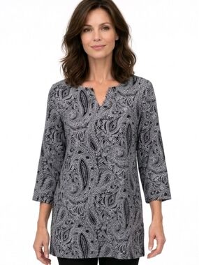 Craft & Barrow Navy Blue Paisley Split Neck 3/4 Sleeve Stretch Tunic Size L 